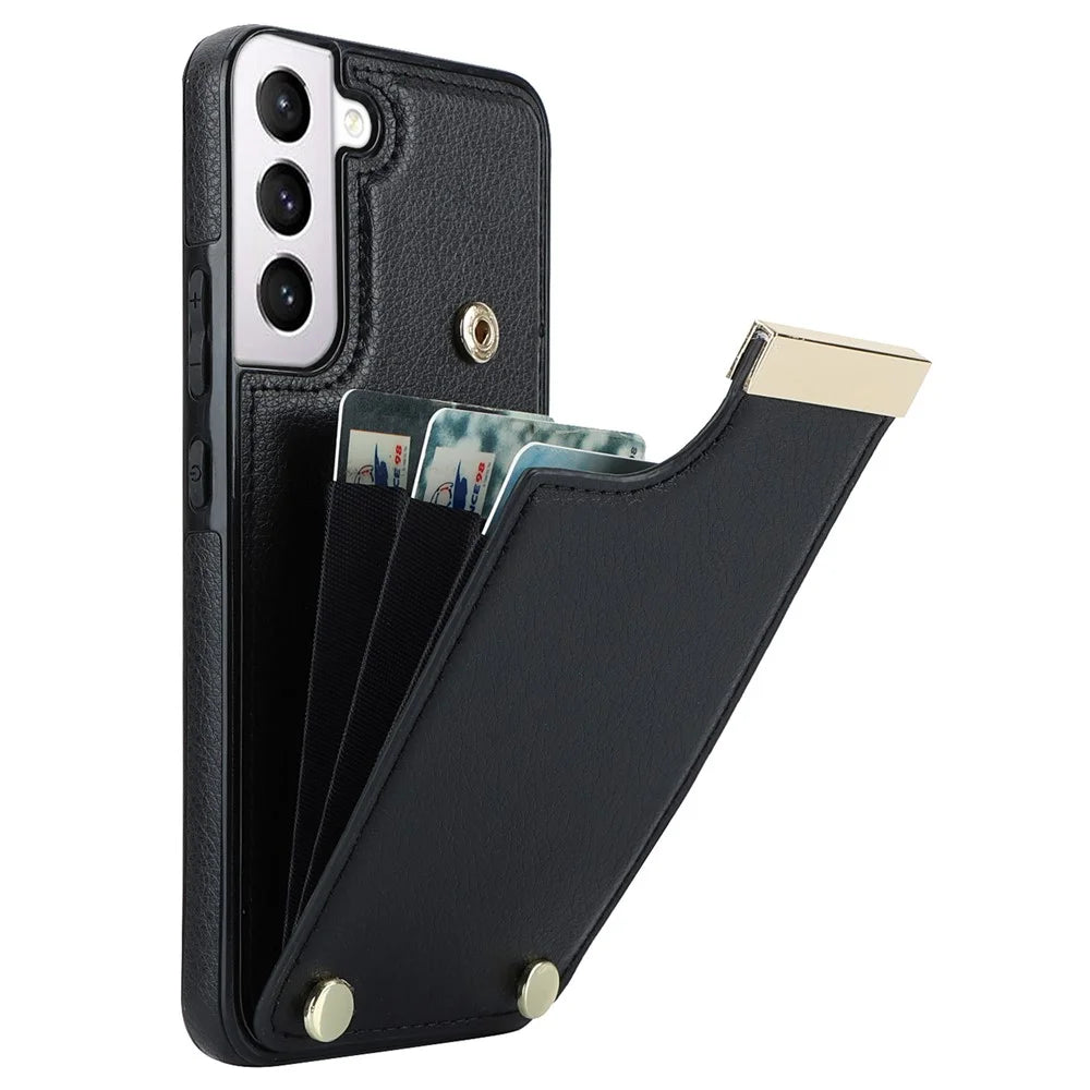 For Samsung Galaxy S22+ 5G Cell Phone Case Hardware Decor TPU+PU Leather Card Holder Cover - Black - 1