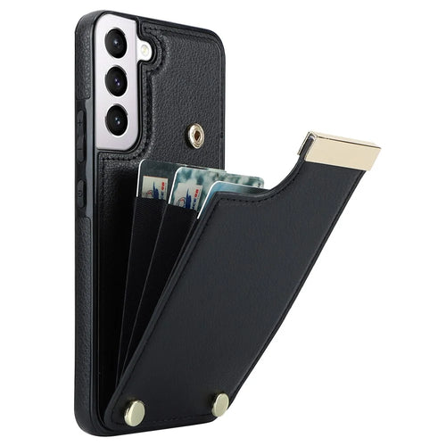 For Samsung Galaxy S22+ 5G Cell Phone Case Hardware Decor TPU+PU Leather Card Holder Cover - Black - 1