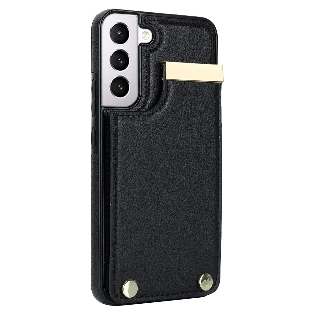 For Samsung Galaxy S22+ 5G Cell Phone Case Hardware Decor TPU+PU Leather Card Holder Cover - Black - 3