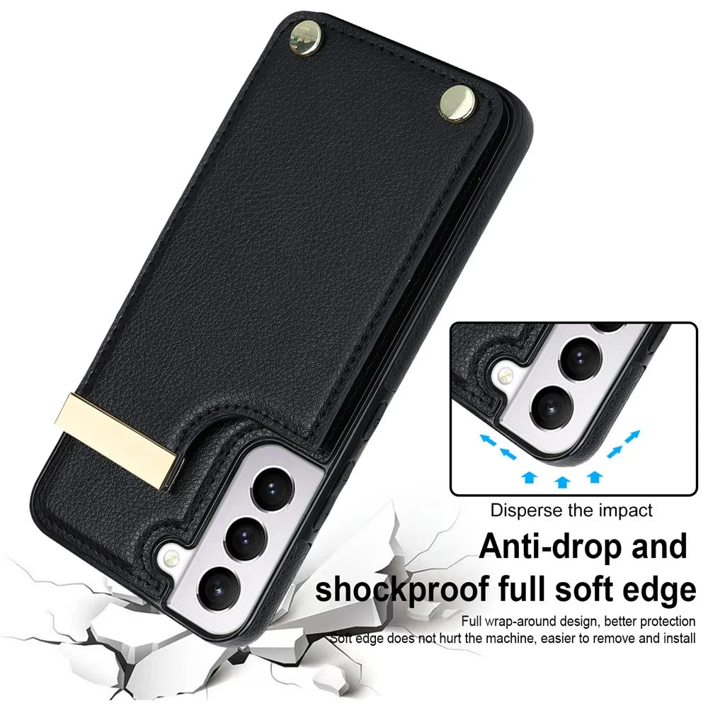 For Samsung Galaxy S22+ 5G Cell Phone Case Hardware Decor TPU+PU Leather Card Holder Cover - Black - 4