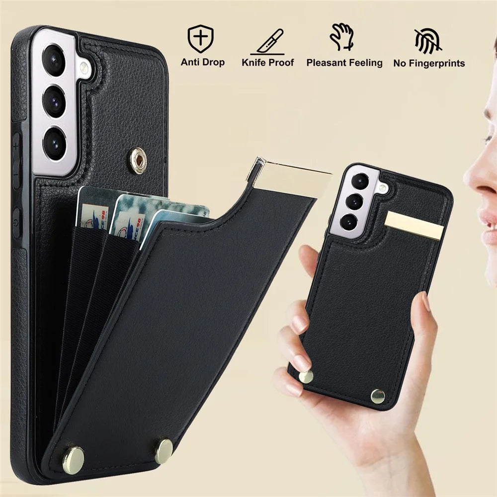 For Samsung Galaxy S22+ 5G Cell Phone Case Hardware Decor TPU+PU Leather Card Holder Cover - Black - 5