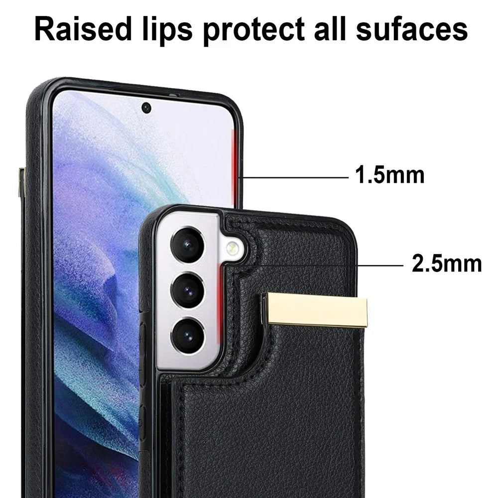 For Samsung Galaxy S22+ 5G Cell Phone Case Hardware Decor TPU+PU Leather Card Holder Cover - Black - 6