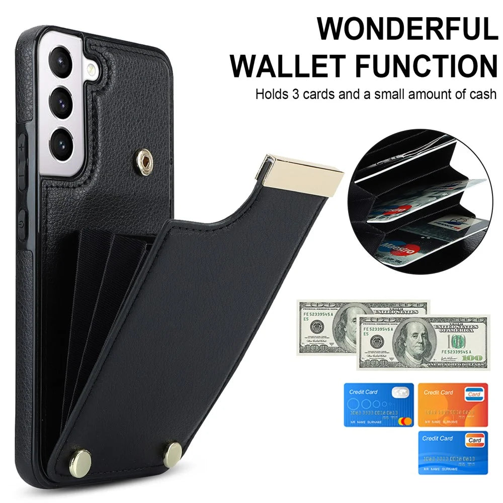 For Samsung Galaxy S22+ 5G Cell Phone Case Hardware Decor TPU+PU Leather Card Holder Cover - Black - 7