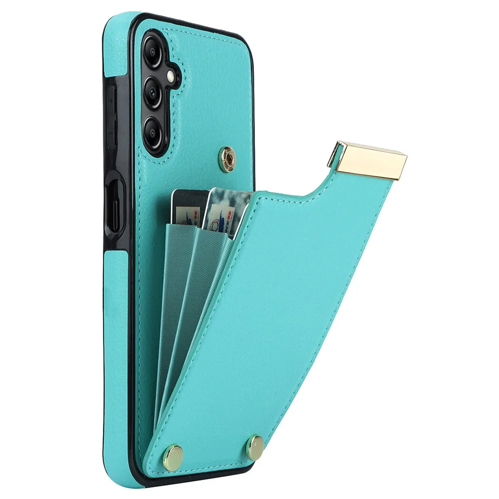 For Samsung Galaxy S23 FE Cover TPU+PU Leather Metal Decor Anti-shock Cell Phone Case with Card Bag - Mint Green - 1
