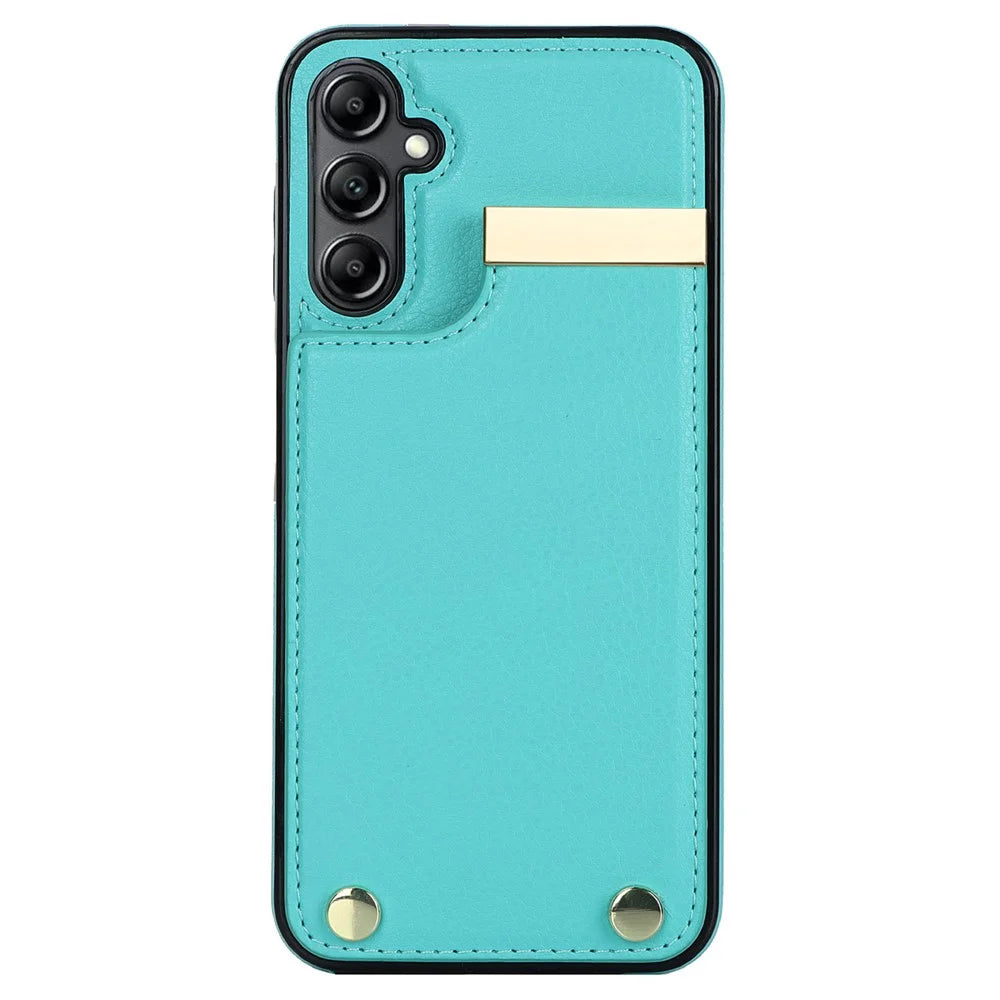 For Samsung Galaxy S23 FE Cover TPU+PU Leather Metal Decor Anti-shock Cell Phone Case with Card Bag - Mint Green - 2