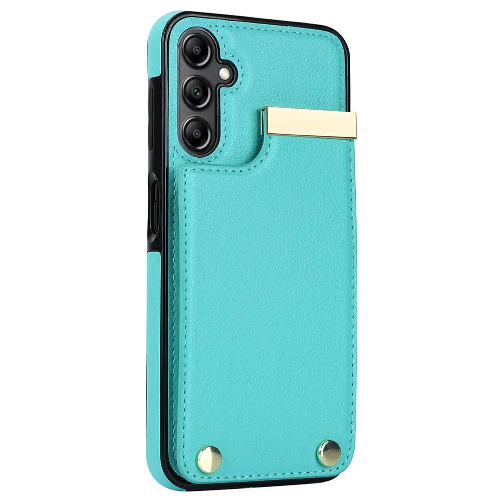 For Samsung Galaxy S23 FE Cover TPU+PU Leather Metal Decor Anti-shock Cell Phone Case with Card Bag - Mint Green - 3