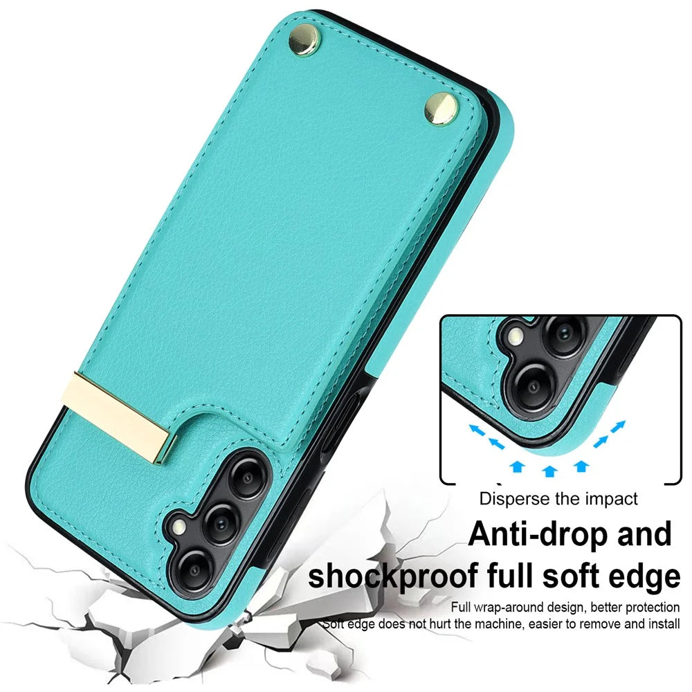 For Samsung Galaxy S23 FE Cover TPU+PU Leather Metal Decor Anti-shock Cell Phone Case with Card Bag - Mint Green - 4