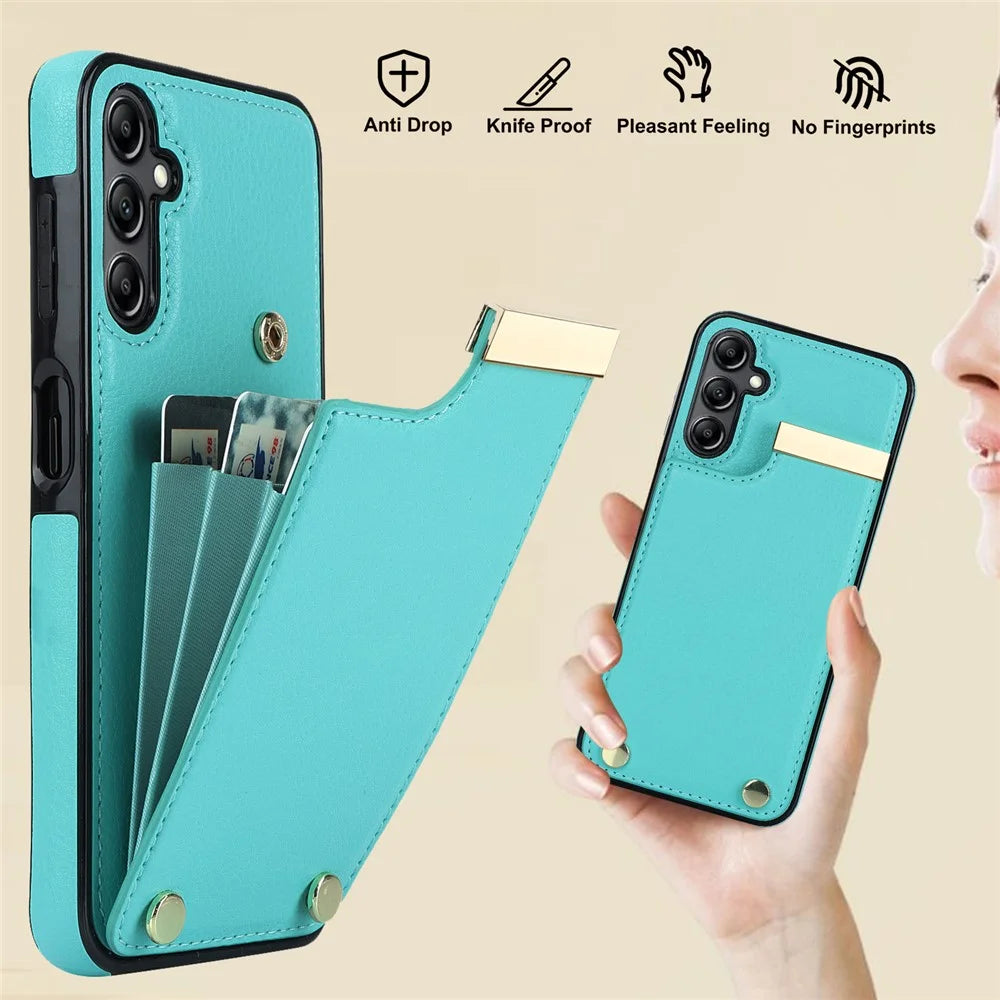 For Samsung Galaxy S23 FE Cover TPU+PU Leather Metal Decor Anti-shock Cell Phone Case with Card Bag - Mint Green - 5