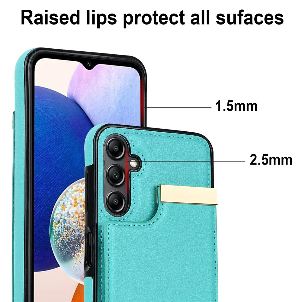 For Samsung Galaxy S23 FE Cover TPU+PU Leather Metal Decor Anti-shock Cell Phone Case with Card Bag - Mint Green - 6