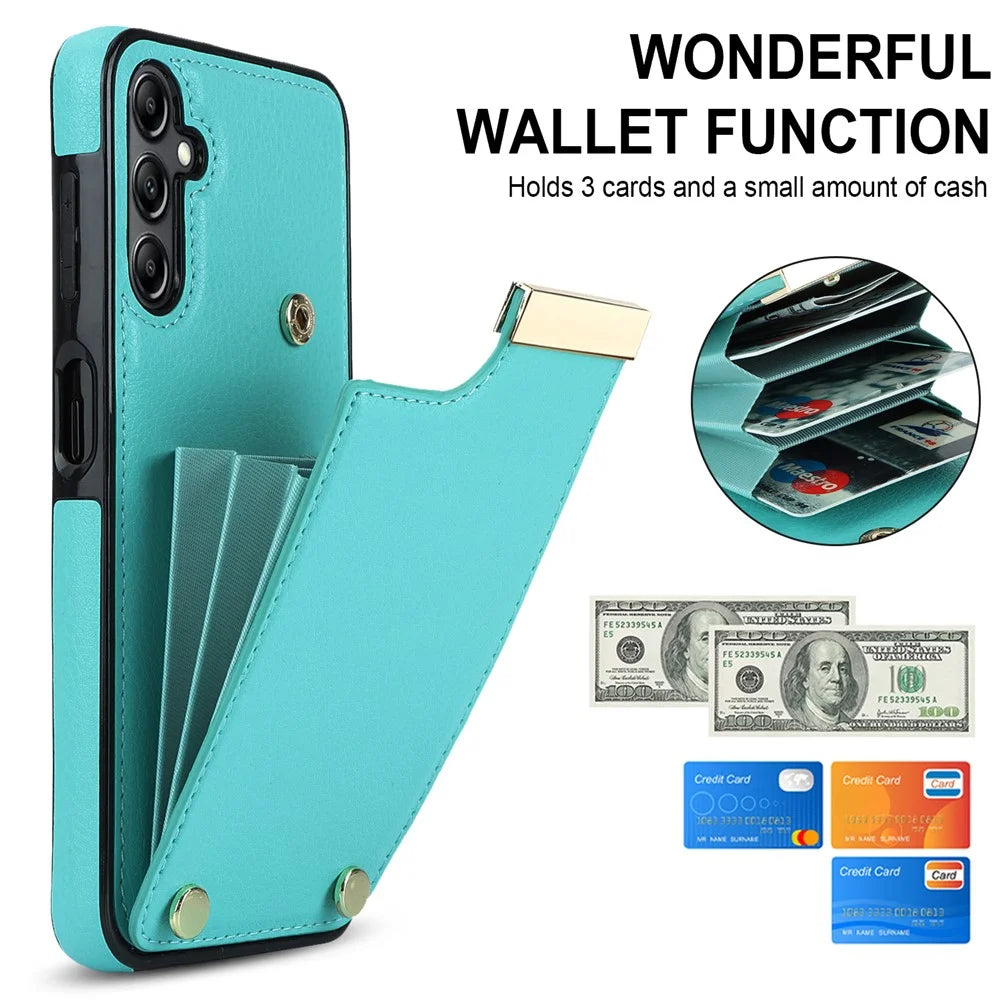 For Samsung Galaxy S23 FE Cover TPU+PU Leather Metal Decor Anti-shock Cell Phone Case with Card Bag - Mint Green - 7