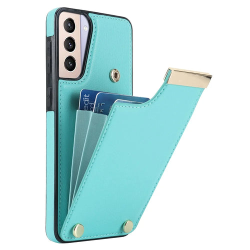 For Samsung Galaxy S21+ 5G Cover Metal Decor TPU+Leather Card Holder Anti-scratch Cell Phone Case - Mint Green - 1