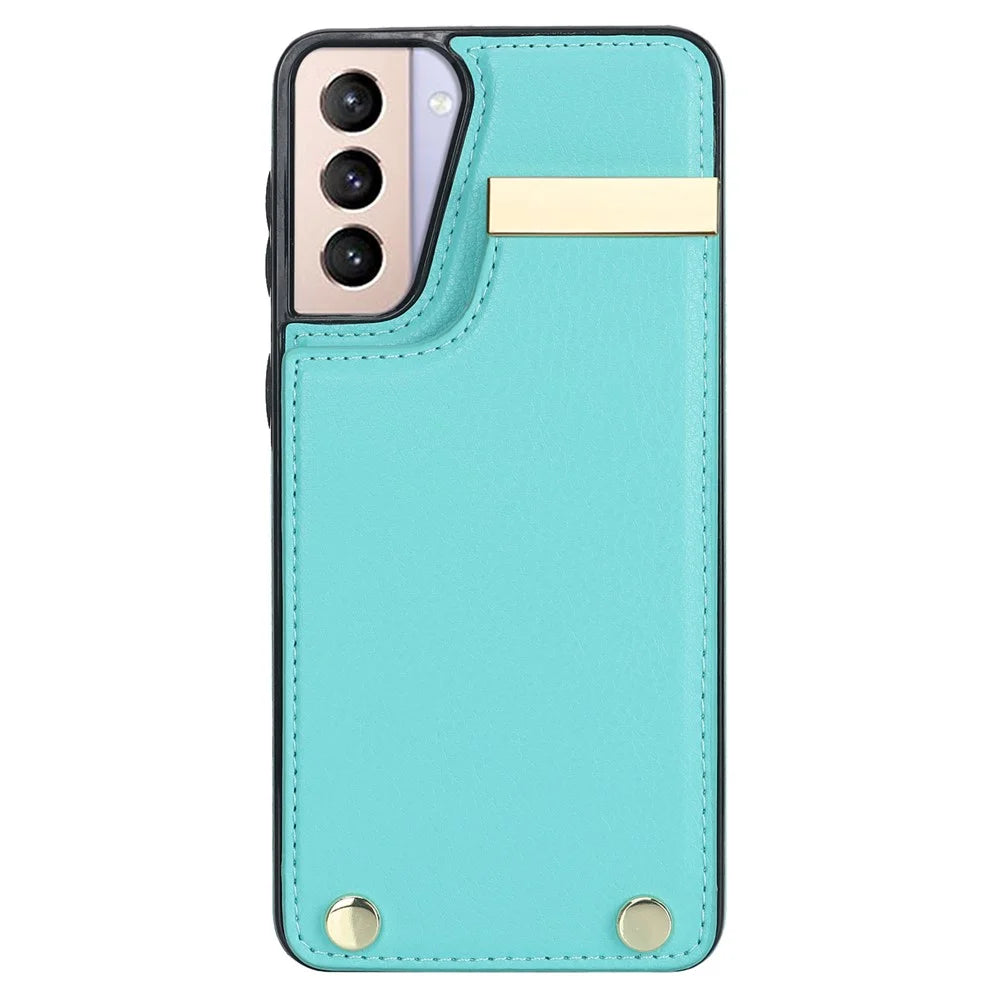 For Samsung Galaxy S21+ 5G Cover Metal Decor TPU+Leather Card Holder Anti-scratch Cell Phone Case - Mint Green - 2