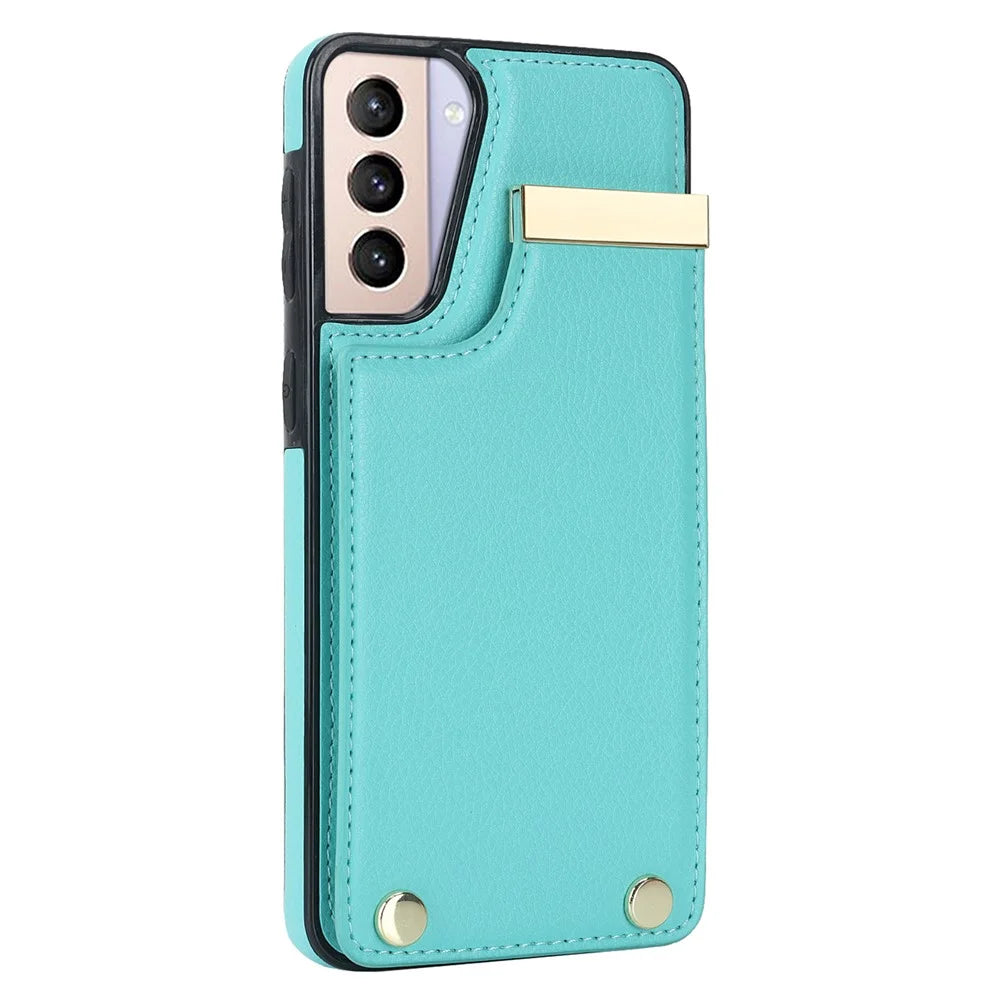 For Samsung Galaxy S21+ 5G Cover Metal Decor TPU+Leather Card Holder Anti-scratch Cell Phone Case - Mint Green - 3