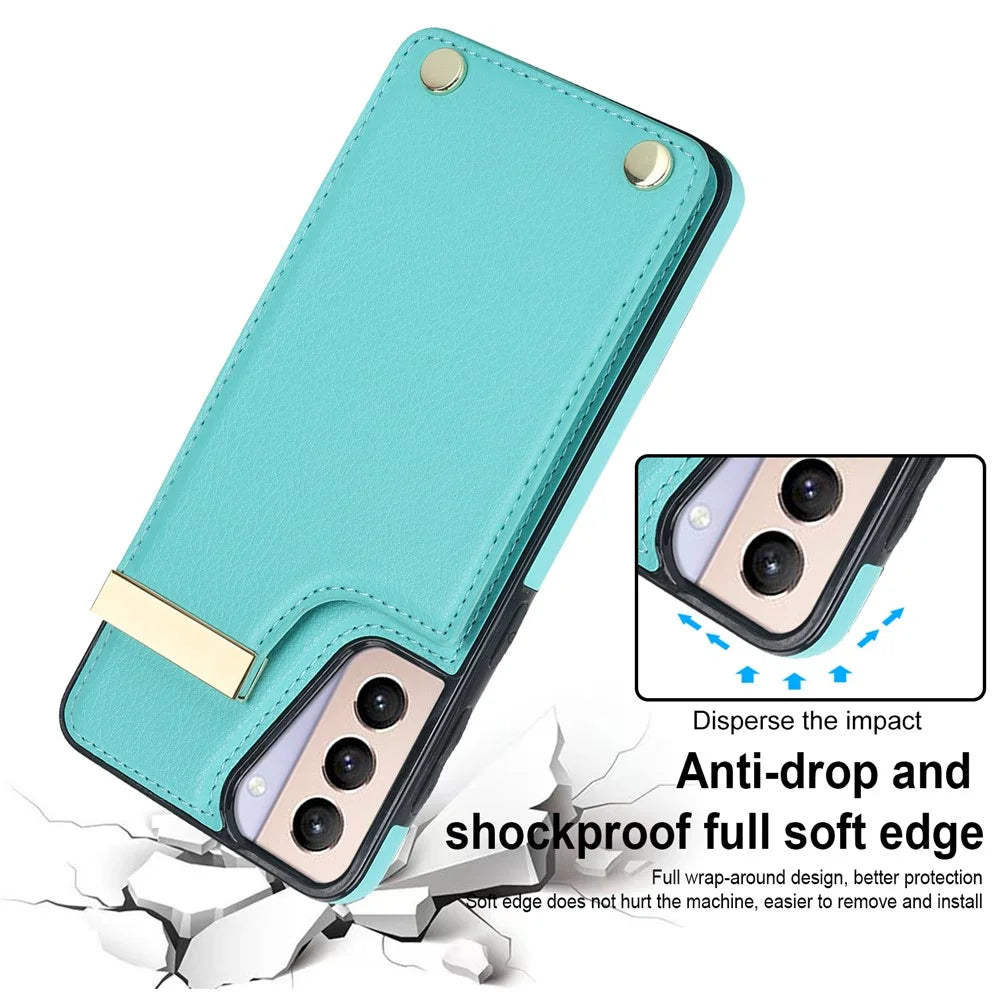 For Samsung Galaxy S21+ 5G Cover Metal Decor TPU+Leather Card Holder Anti-scratch Cell Phone Case - Mint Green - 4