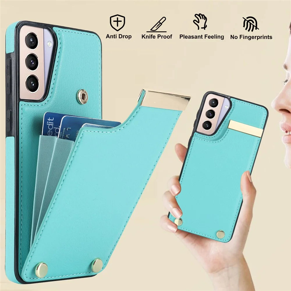 For Samsung Galaxy S21+ 5G Cover Metal Decor TPU+Leather Card Holder Anti-scratch Cell Phone Case - Mint Green - 5