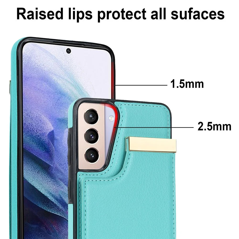 For Samsung Galaxy S21+ 5G Cover Metal Decor TPU+Leather Card Holder Anti-scratch Cell Phone Case - Mint Green - 6