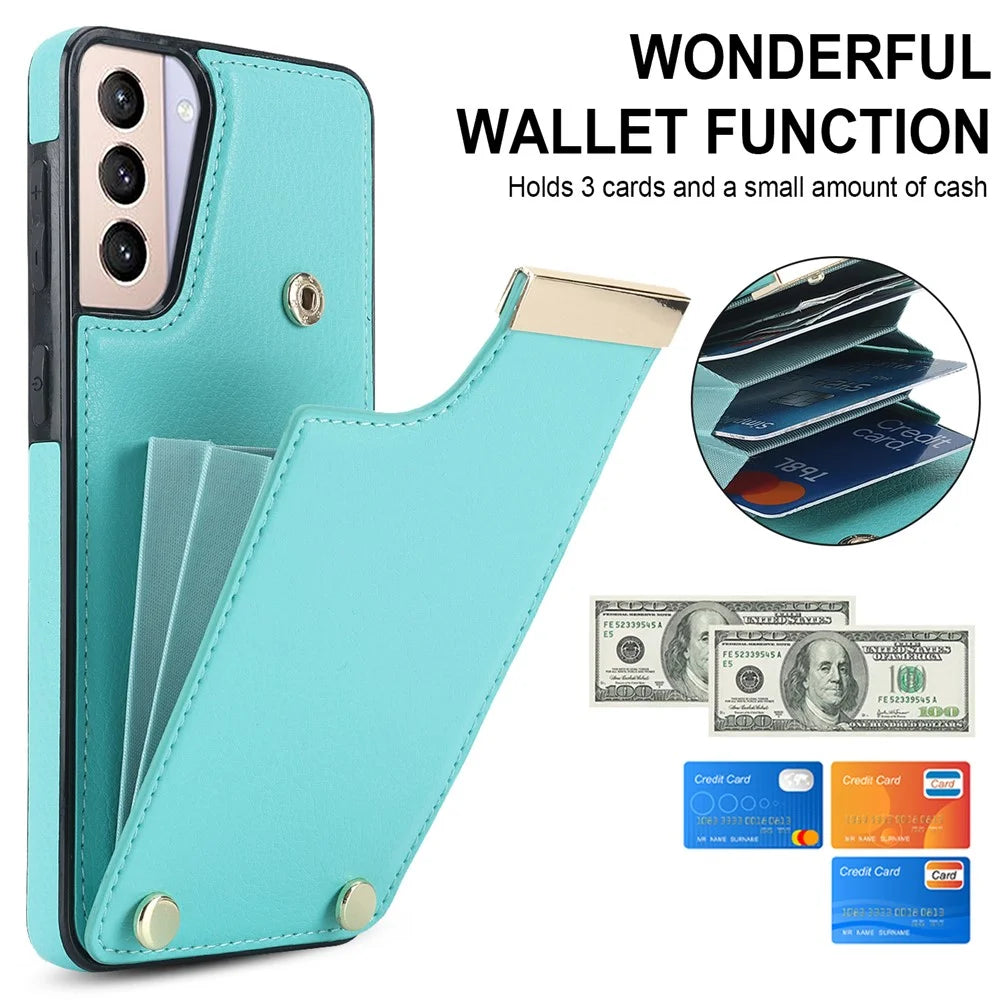 For Samsung Galaxy S21+ 5G Cover Metal Decor TPU+Leather Card Holder Anti-scratch Cell Phone Case - Mint Green - 7