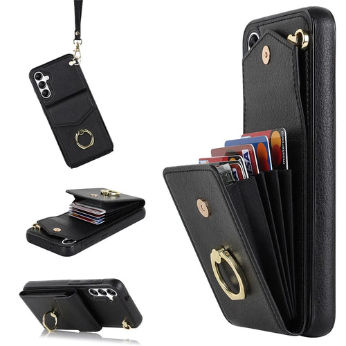 For Samsung Galaxy S24 Cover Accordion Card Bag PU Leather+TPU Anti-drop Cell Phone Case with Strap - Black - 1