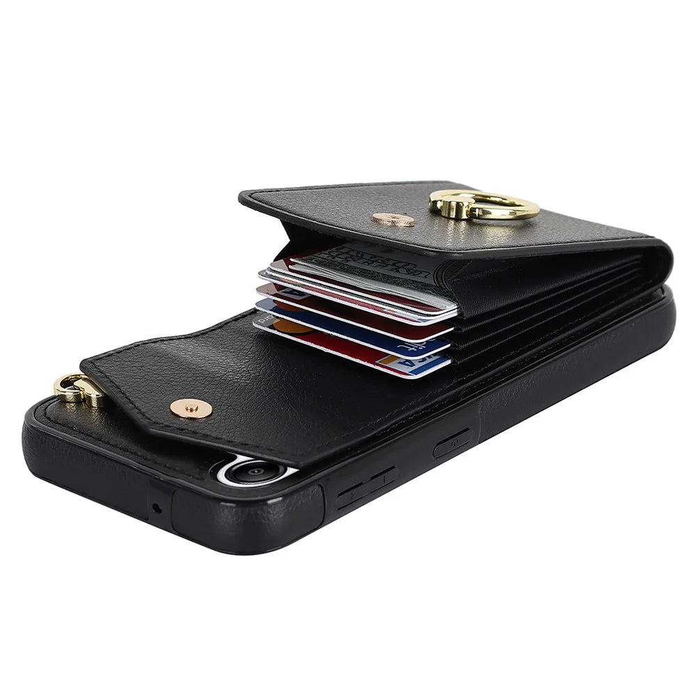 For Samsung Galaxy S24 Cover Accordion Card Bag PU Leather+TPU Anti-drop Cell Phone Case with Strap - Black - 2