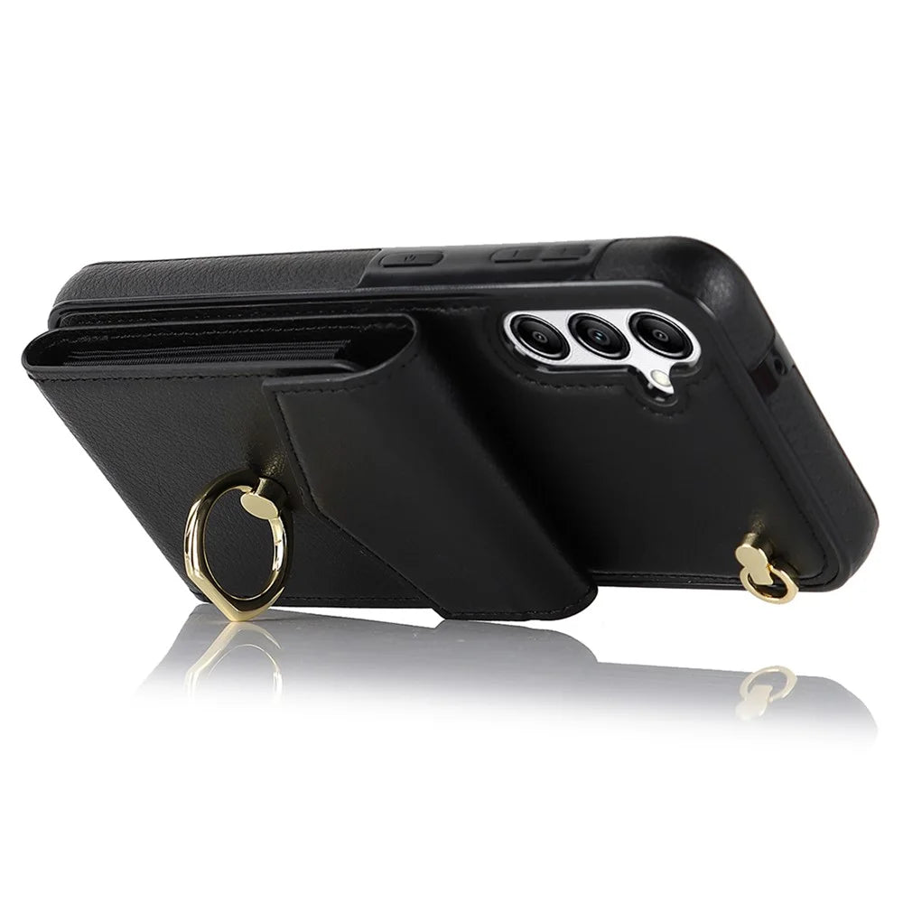 For Samsung Galaxy S24 Cover Accordion Card Bag PU Leather+TPU Anti-drop Cell Phone Case with Strap - Black - 3