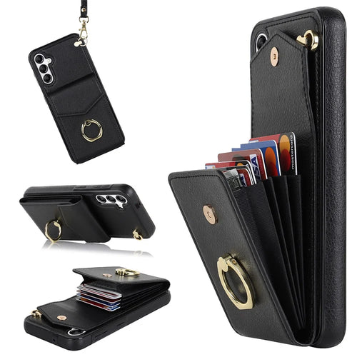 For Samsung Galaxy A54 5G Cover Accordion Card Bag Rotating Ring Kickstand PU+TPU Cell Phone Case - Black - 1