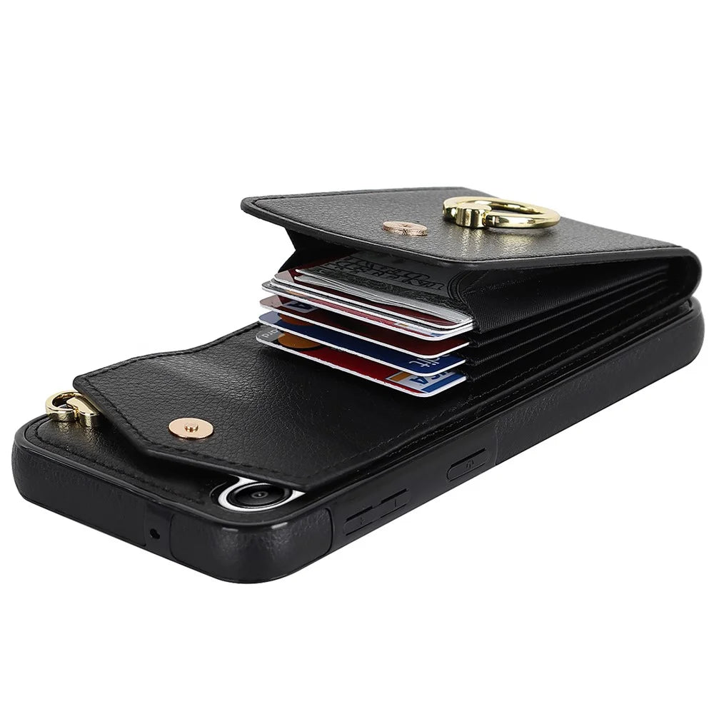For Samsung Galaxy A54 5G Cover Accordion Card Bag Rotating Ring Kickstand PU+TPU Cell Phone Case - Black - 2