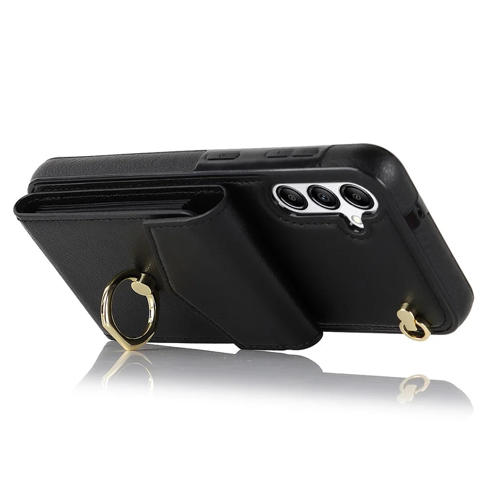 For Samsung Galaxy A54 5G Cover Accordion Card Bag Rotating Ring Kickstand PU+TPU Cell Phone Case - Black - 3