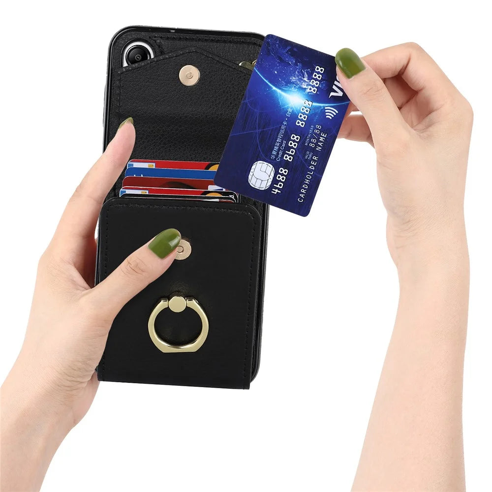 For Samsung Galaxy A54 5G Cover Accordion Card Bag Rotating Ring Kickstand PU+TPU Cell Phone Case - Black - 4