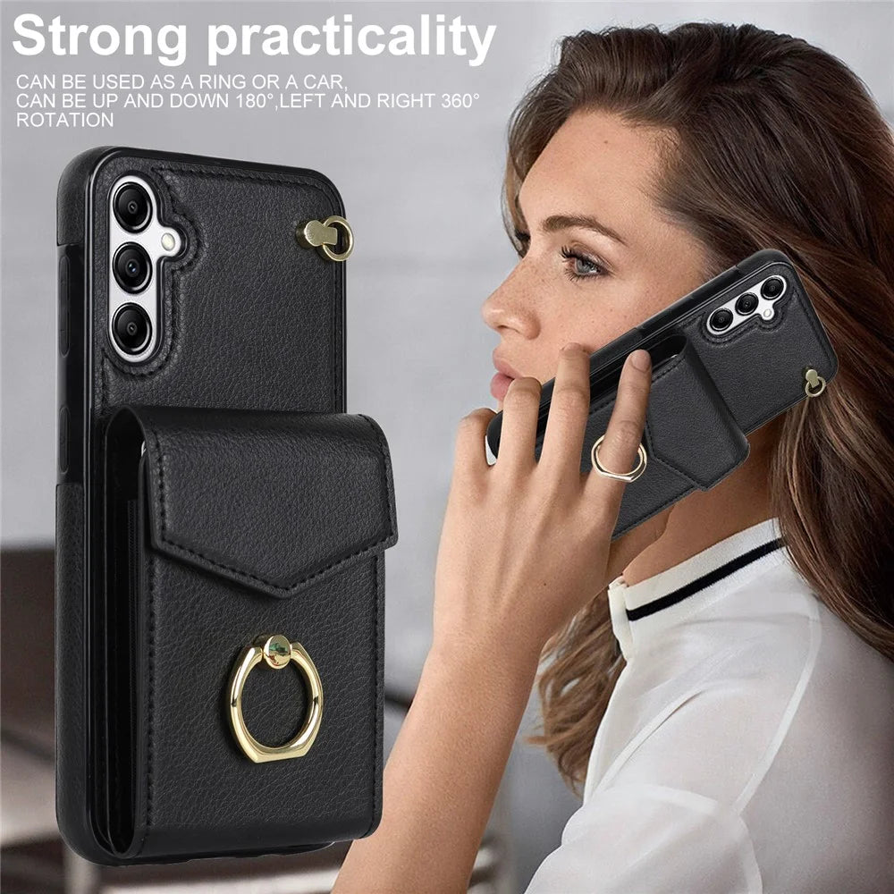 For Samsung Galaxy A54 5G Cover Accordion Card Bag Rotating Ring Kickstand PU+TPU Cell Phone Case - Black - 5