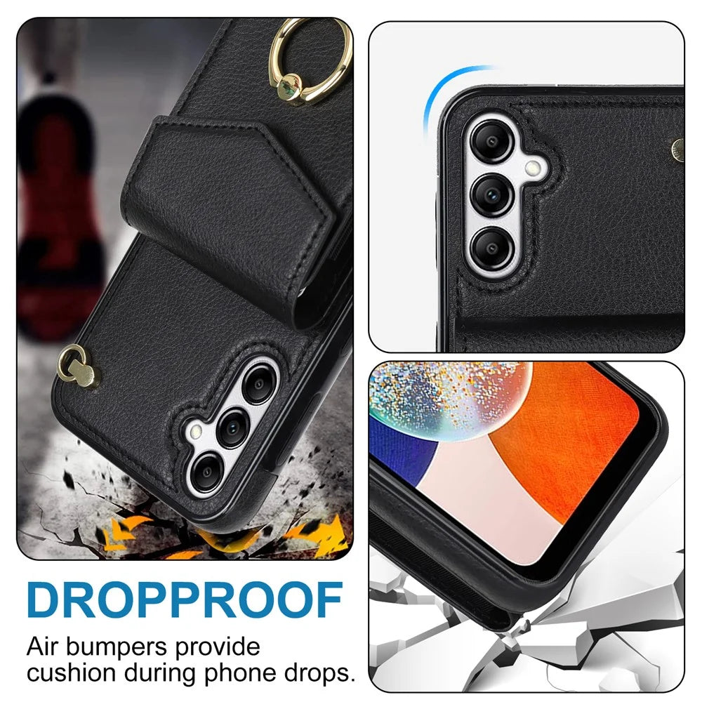 For Samsung Galaxy A54 5G Cover Accordion Card Bag Rotating Ring Kickstand PU+TPU Cell Phone Case - Black - 6