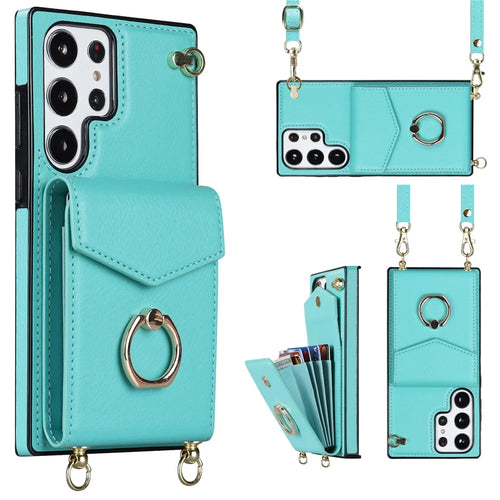 For Samsung Galaxy S23 Ultra Case PU Leather+TPU Kickstand Phone Cover with Shoulder and Wrist Straps - Mint Green - 1