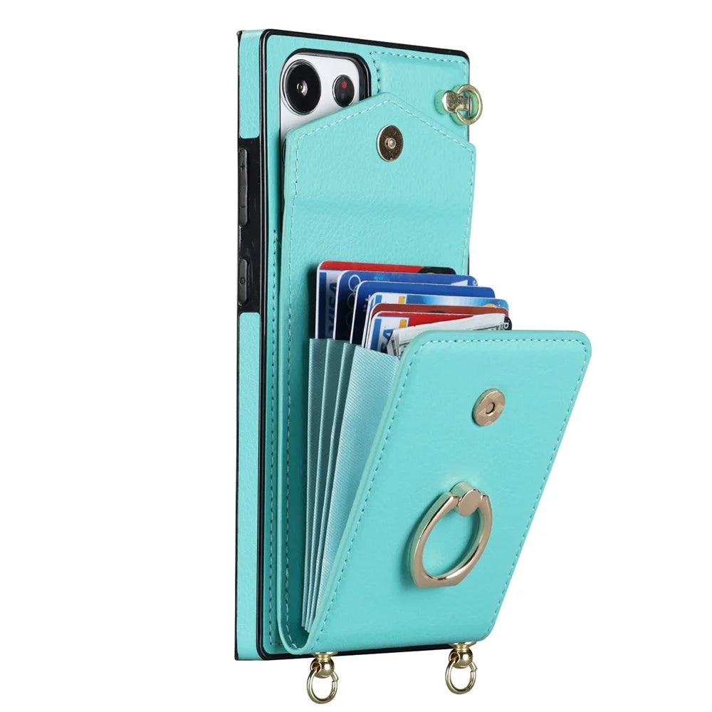 For Samsung Galaxy S23 Ultra Case PU Leather+TPU Kickstand Phone Cover with Shoulder and Wrist Straps - Mint Green - 2