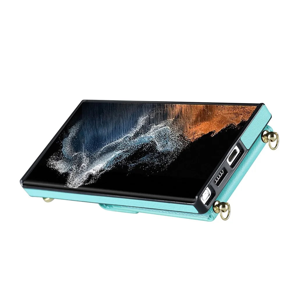 For Samsung Galaxy S23 Ultra Case PU Leather+TPU Kickstand Phone Cover with Shoulder and Wrist Straps - Mint Green - 4