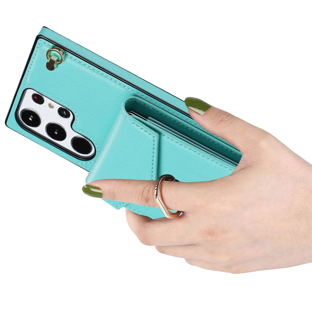For Samsung Galaxy S23 Ultra Case PU Leather+TPU Kickstand Phone Cover with Shoulder and Wrist Straps - Mint Green - 6