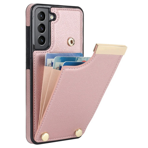 For Samsung Galaxy S21 FE 5G Cell Phone Case Drop-proof Card Holder Cover with Hardware Decor - Rose Gold - 1