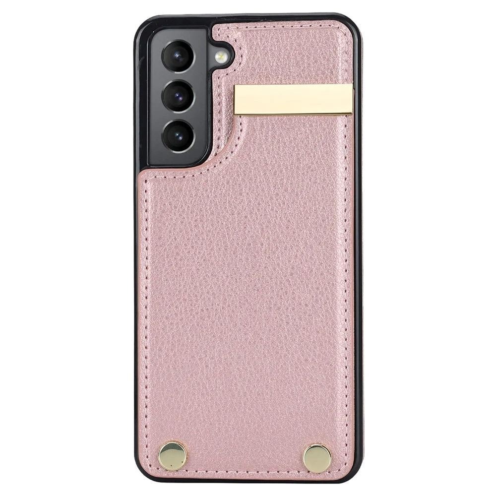 For Samsung Galaxy S21 FE 5G Cell Phone Case Drop-proof Card Holder Cover with Hardware Decor - Rose Gold - 2