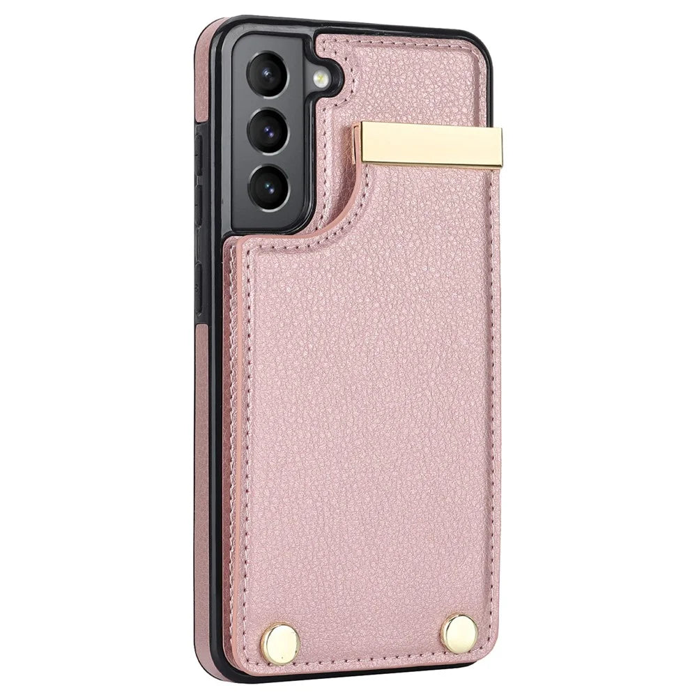 For Samsung Galaxy S21 FE 5G Cell Phone Case Drop-proof Card Holder Cover with Hardware Decor - Rose Gold - 3
