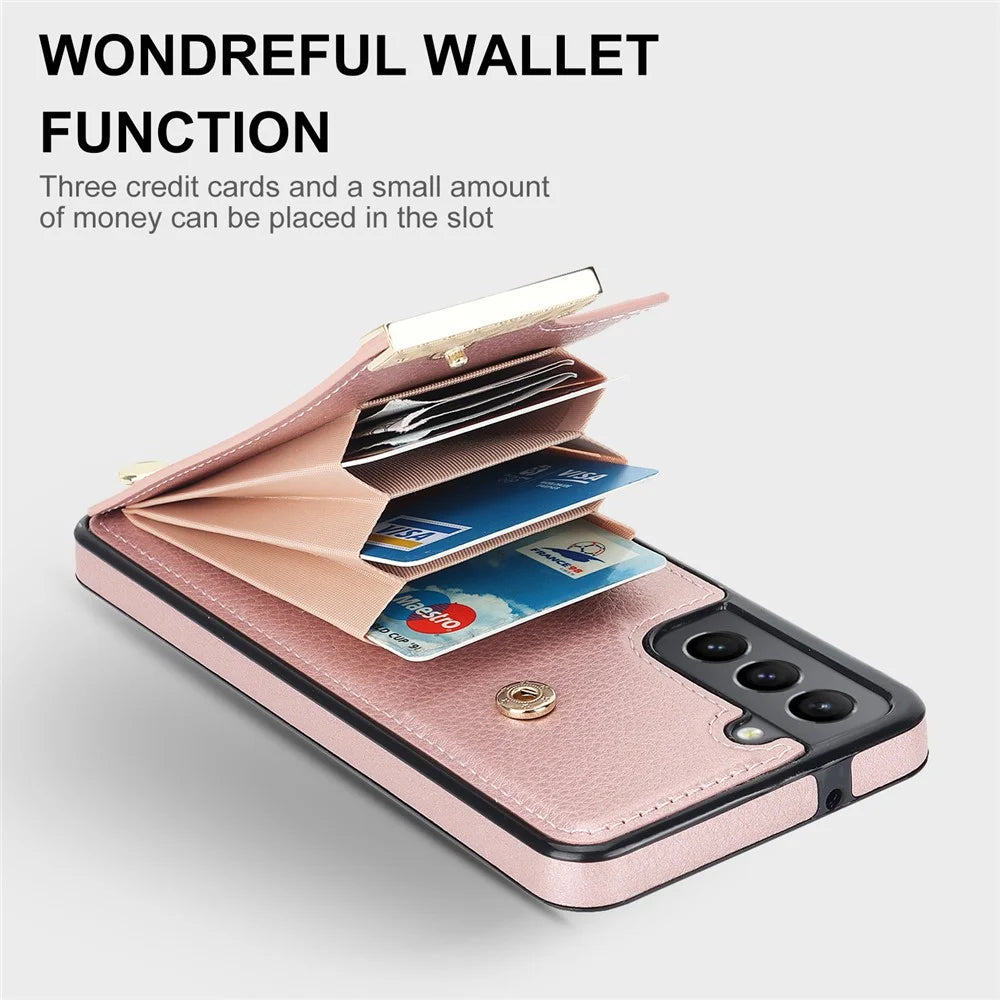 For Samsung Galaxy S21 FE 5G Cell Phone Case Drop-proof Card Holder Cover with Hardware Decor - Rose Gold - 4