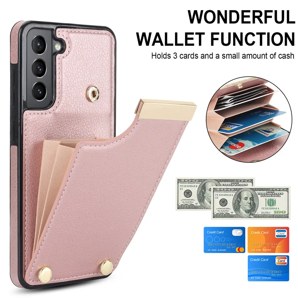 For Samsung Galaxy S21 FE 5G Cell Phone Case Drop-proof Card Holder Cover with Hardware Decor - Rose Gold - 5