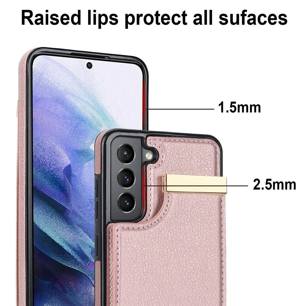 For Samsung Galaxy S21 FE 5G Cell Phone Case Drop-proof Card Holder Cover with Hardware Decor - Rose Gold - 6