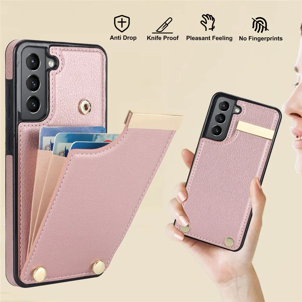 For Samsung Galaxy S21 FE 5G Cell Phone Case Drop-proof Card Holder Cover with Hardware Decor - Rose Gold - 7
