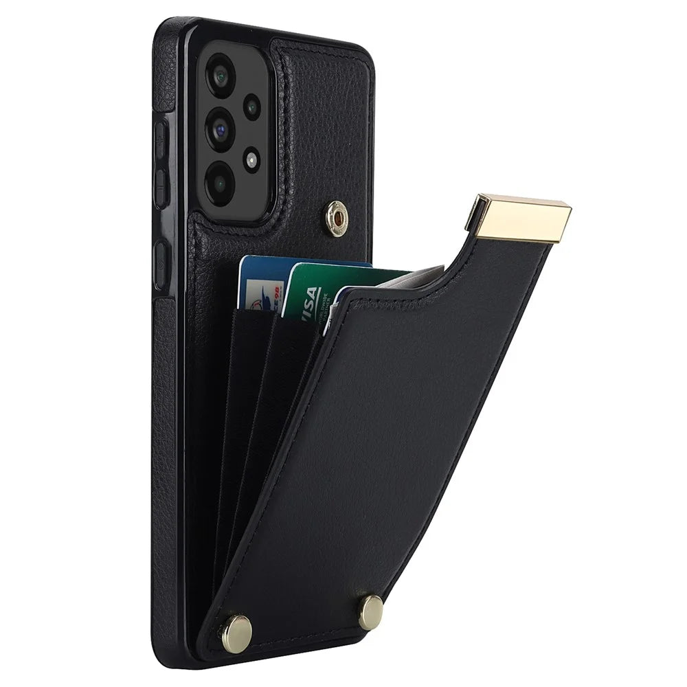 For Samsung Galaxy A73 5G Cover Hardware Decor Card Bag Shockproof TPU+Leather Cell Phone Case - Black - 1