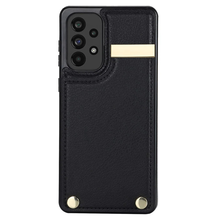 For Samsung Galaxy A73 5G Cover Hardware Decor Card Bag Shockproof TPU+Leather Cell Phone Case - Black - 2