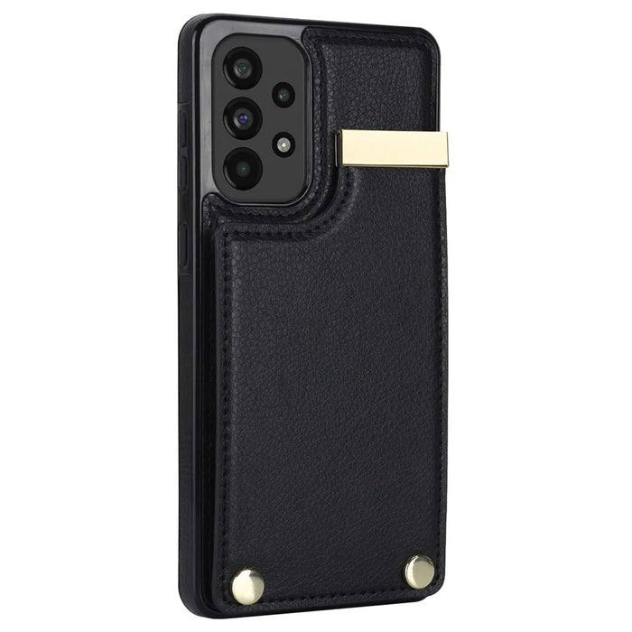 For Samsung Galaxy A73 5G Cover Hardware Decor Card Bag Shockproof TPU+Leather Cell Phone Case - Black - 3