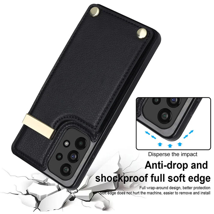 For Samsung Galaxy A73 5G Cover Hardware Decor Card Bag Shockproof TPU+Leather Cell Phone Case - Black - 4