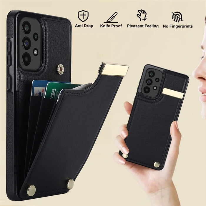For Samsung Galaxy A73 5G Cover Hardware Decor Card Bag Shockproof TPU+Leather Cell Phone Case - Black - 5