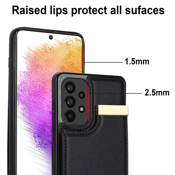 For Samsung Galaxy A73 5G Cover Hardware Decor Card Bag Shockproof TPU+Leather Cell Phone Case - Black - 6