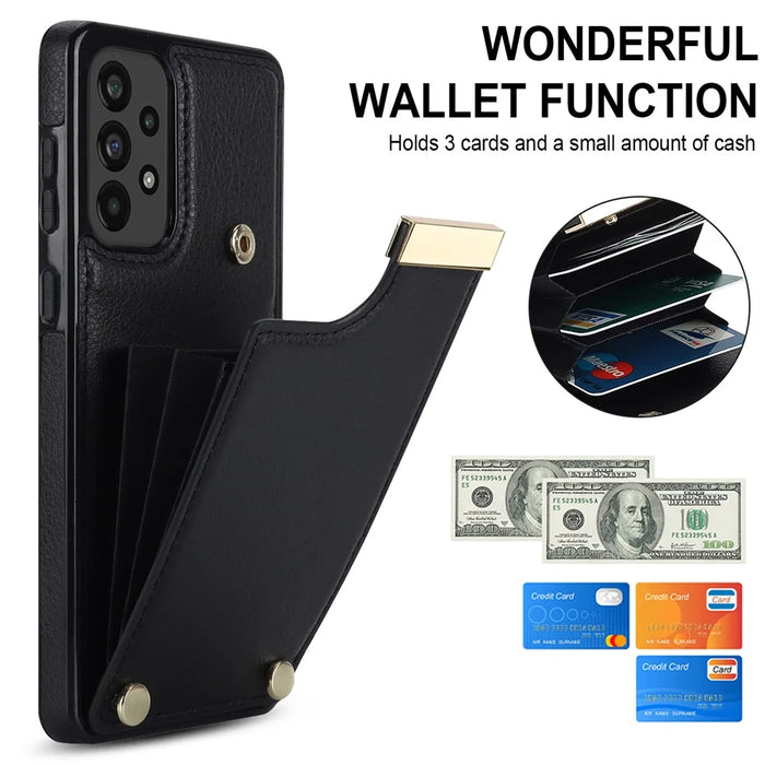 For Samsung Galaxy A73 5G Cover Hardware Decor Card Bag Shockproof TPU+Leather Cell Phone Case - Black - 7