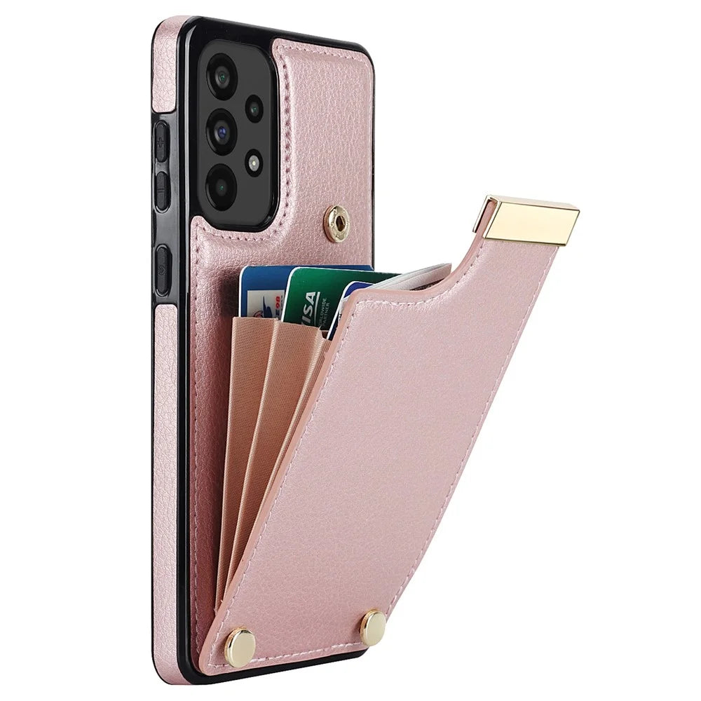 For Samsung Galaxy A53 5G Cover Stylish Metal Decor TPU+Leather Card Holder Cell Phone Case - Rose Gold - 1
