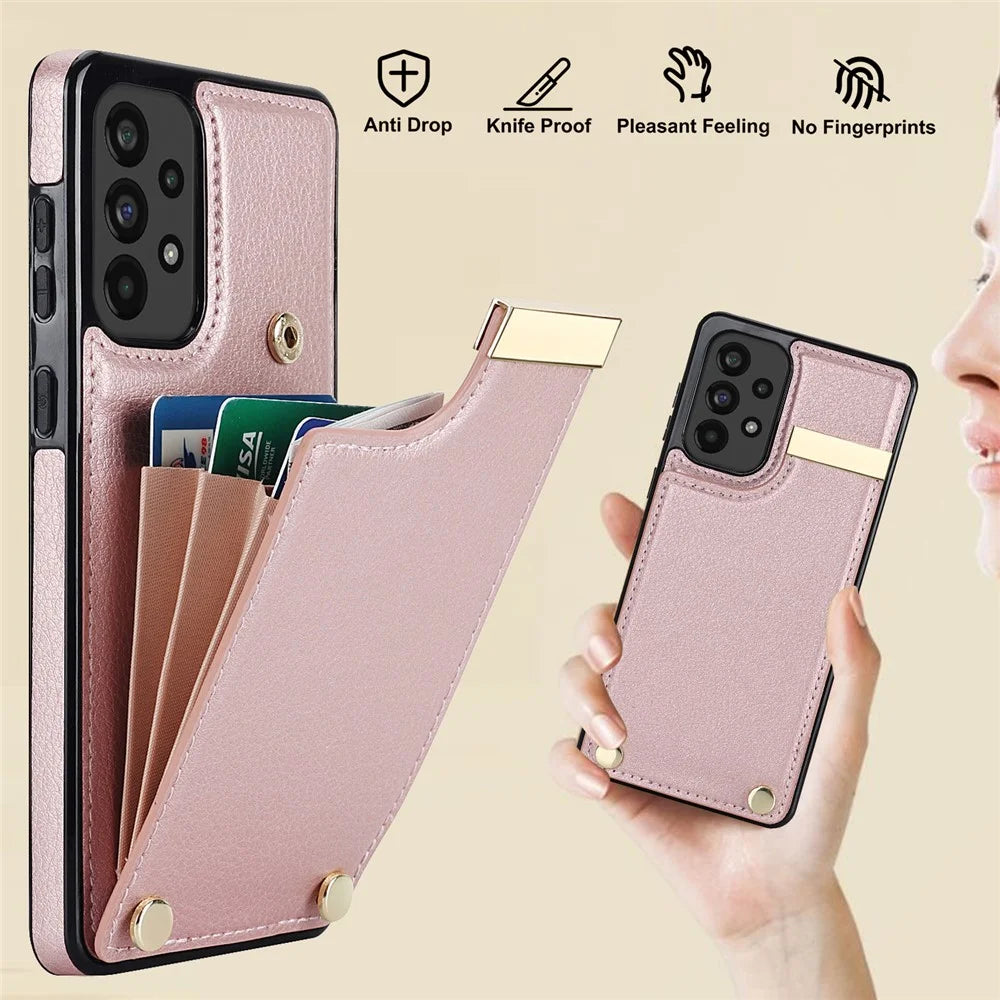 For Samsung Galaxy A53 5G Cover Stylish Metal Decor TPU+Leather Card Holder Cell Phone Case - Rose Gold - 5